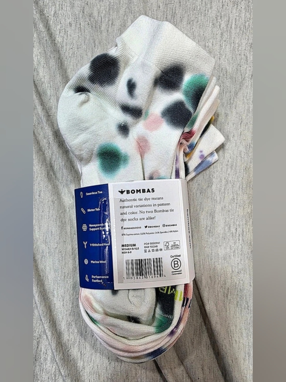Bombas 4 Pack Lightweight Authentic Tie Dye Ankle Socks, Medium - Picture 3 of 4